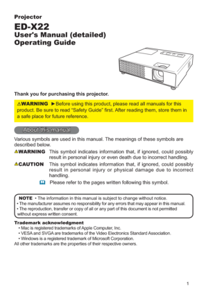 Page 11
Projector
ED-X22
User's Manual (detailed) 
Operating Guide
Thank you for purchasing this projector.
WARNING
SURGXFW%HVXUHWRUHDG