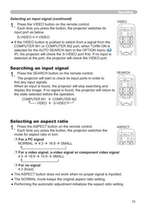 Page 1515
Operating
Searching an input signal
3UHVVWKH6($5&+EXWWRQRQWKHUHPRWHFRQWURO

¿QGDQ\LQSXWVLJQDOV

WXUQWR
WKHVWDWHVHOHFWHGEHIRUHWKHRSHUDWLRQ
&20387(5,1
Æ&20387(5,1
9,(2Æ69,(2
Selecting an input signal (continued)
3UHVVWKH9,(2EXWWRQRQWKHUHPRWHFRQWURO

LQSXWSRUWDVEHORZ
69,(2
9,(2
H
&20387(5,1RU&20387(5,1SRUWZKHQ785121LV
VHOHFWHGIRUWKH$8726($5&+LWHPLQWKH237,21PHQX
	
37
V

Selecting an...