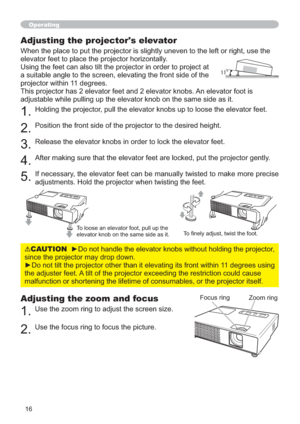 Page 1616
Adjusting the zoom and focus
8VHWKH]RRPULQJWRDGMXVWWKHVFUHHQVL]H
8VHWKHIRFXVULQJWRIRFXVWKHSLFWXUH
Operating
)RFXVULQJ
=RRPULQJ
Adjusting the projector's elevator
HIWRUULJKWXVHWKH
HOHYDWRUIHHWWRSODFHWKHSURMHFWRUKRUL]RQWDOO\
DW

SURMHFWRUZLWKLQGHJUHHV
$QHOHYDWRUIRRWLV
DVLW
+ROGLQJWKHSURMHFWRUSXOOWKHHOHYDWRUNQREVXSWRORRVHWKHHOHYDWRUIHHW


RMHFWRUJHQWO\...
