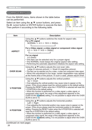 Page 2626
IMAGE Menu
,0$*(0HQX
Item Description
ASPECT
For a PC signal
1250$/
Ù
Ù
Ù60$//
For a Video signal, s-video signal or component video signal

Ù
Ù
Ù60$//
For no signal
¿[HG
