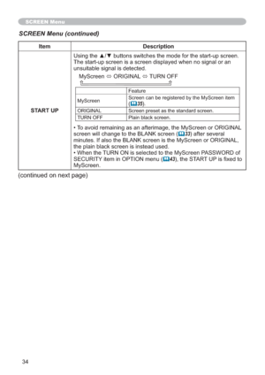 Page 3434
SCREEN Menu
Item Description
START UP

XQVXLWDEOHVLJQDOLVGHWHFWHG
0\6FUHHQ
Ù25,*,1$/
Ù78512))
)HDWXUH
0\6FUHHQ6FUHHQFDQEHUHJLVWHUHGE\WKH0\6FUHHQLWHP
	35
25,*,1$/ 6FUHHQSUHVHWDVWKHVWDQGDUGVFUHHQ
78512)) 3ODLQEODFNVFUHHQ
