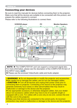 Page 88
K
COMPUTER IN1 COMPUTER IN2USBAUDIO IN1
AUDIO IN2
S-VIDEO
VIDEO
AUDIO
OUT RGB OUTAUDIO
INUSB-AAUDIO
OUT RGB OUT
VIDEO OUTAUDIO OUT
L           R
S-VIDEO OUTAUDIO OUT
L           R
MONITOR OUT CONTROL
AUDIO OUT
L           RCOMPONENT
CR/PR    CB/PB     YRS-232CRGB IN
AUDIO OUT


Setting up
Connecting your devices
WRWKHSURMHFWRU
KWKLVSURGXFWDQG
SUHSDUHWKHFDEOHVUHTXLUHGWRFRQQHFW

WARNING
EOHV
CAUTIONy7XUQRI
FRQQHFWLQJWKHPWRSURMHFWRU&RQQHFWLQJDOLYHGHYLFHWRWKHSURMHFWRUPD\...