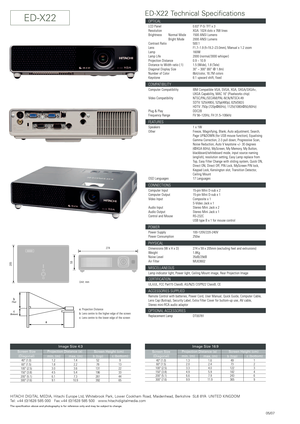 Page 2EDX22 Technical Specifications
HITACHI DIGITAL MEDIA, Hitachi Europe Ltd, Whitebrook Park, Lower Cookham Road, Maidenhead, Berkshire  SL6 8YA  UNITED KINGDOM
Tel: +44 (0)1628 585 000   Fax:+44 (0)1628 585 500   www.hitachidigitalmedia.com
The specification above and photography is for reference only and may be subject to change.
05/07
EDX22
40 (1.0) 1.3 1.6 49 160 (1.5)2.02.4732100 (2.5)3.34.0122 3150 (3.8)4.9 5.9 182 4200 (5.1) 6.6 7.9 243 6300 (7.6)9.911.93659
Screen Size
(Diagonal)min. (m)...