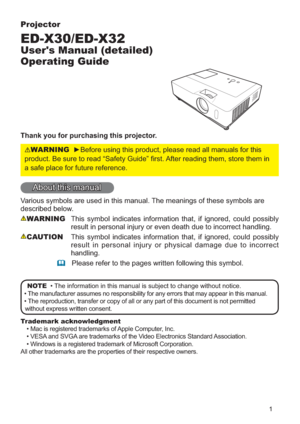 Page 11
Projector
ED-X30/ED-X32
User's Manual (detailed) 
Operating Guide
Thank you for purchasing this projector.
WARNING
SURGXFW%HVXUHWRUHDG