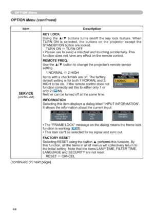 Page 5344
Item Description
SERVICE
FRQWLQXHGKEY LOCK
8VLQJ WKH xz EXWWRQV WXUQV RQRII WKH NH\ ORFN IHDWXUH :KHQ
7851 21 LV VHOHFWHG WKH EXWWRQV RQ WKH SURMHFWRU H[FHSW WKH
67$1%