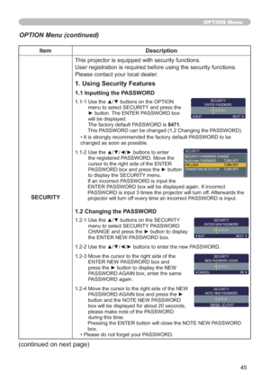 Page 5445
Item Description
SECURITY
QV
3OHDVHFRQWDFW\RXUORFDOGHDOHU
1. Using Security Features
1.1 Inputting the PASSWORD
8VHWKHxzEXWWRQVRQWKH237,21
PHQXWRVHOHFW6(&85,7