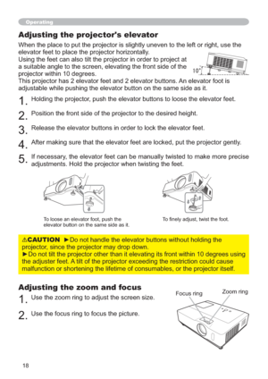 Page 2718
Adjusting the zoom and focus
8VHWKH]RRPULQJWRDGMXVWWKHVFUHHQVL]H
8VHWKHIRFXVULQJWRIRFXVWKHSLFWXUH
Operating
)RFXVULQJ=RRPULQJ
Adjusting the projector's elevator
HIWRUULJKWXVHWKH
HOHYDWRUIHHWWRSODFHWKHSURMHFWRUKRUL]RQWDOO\
DW

SURMHFWRUZLWKLQGHJUHHV
$QHOHYDWRUIRRWLV
VLW
+ROGLQJWKHSURMHFWRUSXVKWKHHOHYDWRUEXWWRQVWRORRVHWKHHOHYDWRUIHHW


RMHFWRUJHQWO\...