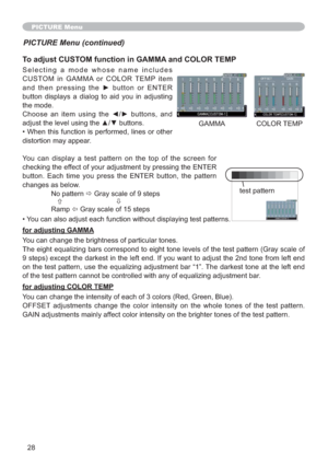 Page 3728
PICTURE Menu
To adjust CUSTOM function in GAMMA and COLOR TEMP
6HOHFWLQJ D PRGH ZKRVH QDPH LQFOXGHV
&86720 LQ *$00$ RU &2/25 7(03 LWHP
DQG WKHQ SUHVVLQJ WKH y EXWWRQ RU (17(5
EXWWRQ GLVSOD\V D GLDORJ WR DLG \RX LQ DGMXVWLQJ
WKHPRGH
&KRRVH DQ LWHP XVLQJ WKH {y EXWWRQV DQG
DGMXVWWKHOHYHOXVLQJWKHxzEXWWRQV
