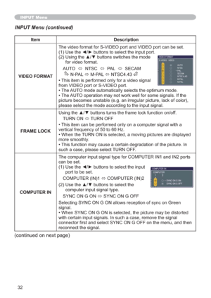 Page 4132
Item Description
VIDEO FORMAT
8VHWKH{yEXWWRQVWRVHOHFWWKHLQSXWSRUW
8VLQJWKHxzEXWWRQVVZLWFKHVWKHPRGH
IRUYLGHRIRUPDW
$872
Ù176&
Ù  PAL  
Ù6(&$0
13$/
Ù03$/
Ù176&
•7KLVLWHPLVSHUIRUPHGRQO\IRUDYLGHRVLJQDO
IURP9,(2SRUWRU69,(2SRUW
•7KH$872PRGHDXWRPDWLFDOO\VHOHFWVWKHRSWLPXPPRGH
•7KH$87
ORU

FRAME LOCKI
785121
Ù78512))
•
YHUWLFDOIUHTXHQF\RIWR+]
•:KHQWKH
PRUHVPRRWKO\
•,Q...