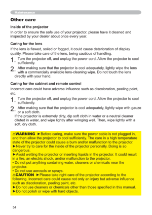 Page 6354
Maintenance
Inside of the projector
,QRUGHUWRHQVXUHWKHVDIHXVHRI\RXUSURMHFWRUSOHDVHKDYHLWFOHDQHGDQG
LQVSHFWHGE\\RXUGHDOHUDERXWRQFHHYHU\\HDU
Caring for the lens
DWLRQRIGLVSOD\
TXDOLW\QJ
7XUQWKHSURMHFWRURIIDQGXQSOXJWKHSRZHUFRUG$OORZWKHSURMHFWRUWRFRRO
VXI