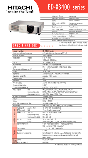 Page 1SPECIFICATIONS
Input/Output terminals
Chassis
Replace
ment
parts
•Vertical Keystone Correction
•Reverse image function for ceiling mount
•My Memory•32dB Noise Level•Gamma correction•Component/composite/
Svideo inputs 
•Freeze function•Manual zoom & manual focus•Kensington security slot•Progressive scan•My Screen
•1,500 ANSI lumens•Native XGA resolution•5.5 lbs•2 RGB inputs and 1 RGB 
output
•Digital zoom (x4)•HDTV theater ready•FCC Class B•16:9 optional format •Audio Input / Output
Model Number EDX3400...