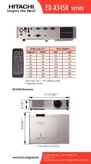 Page 2For sales information, call 1.800.225.1741
Printed 07.05
Specifications are subject to change without notification.www.hitachi.us/digitalmedia
(*) Excluding Lens and Leg
1111/16”
21/2” 93/16”
(
*)
(
*)
(
*)
Screen Size 4.3  Throw distance 
Diagonal*   Width* Min*  Max*  
30   24   35  42  
60   48   72   85  
80   64   96   114   
100   80    120  143  
120   96    144   172   
150   120    181    216  
200    160    242    288 
300 240 363 433 
Throw ratio: 1.49 ~ 1.79:1 (distance:width) 
* Measured in...