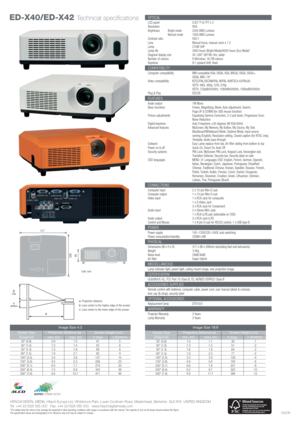 Page 2HITACHI DIGITAL MEDIA, Hitachi Europe Ltd, Whitebrook Park, Lower Cookham Road, Maidenhead, Berkshire  SL6 8YA  UNITED KINGDOM
Tel: +44 (0)1628 585 000   Fax: +44 (0)1628 585 500   www.hitachidigitalmedia.com
*The stated lamp life refers to the average life expected in ideal operating conditions with usage in accordance with the manual. The majority of, but not all lamps should achieve this figure.
The specification above and photography is for reference only and may be subject to change.
ED-X40/ED-X42...