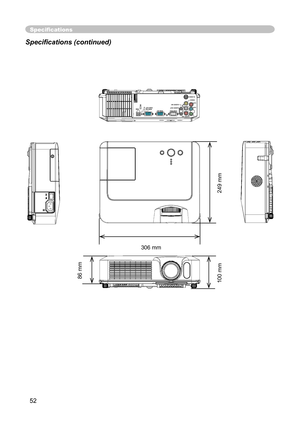 Page 52
52
Speciﬁcations
Speciﬁcations (continued)
Y R
L
AUDIO IN2AUDIO OUTCONTROL RGB IN1
RGB IN2 USB
RGB OUTAUDIO IN1VIDEOS-VIDEO
CB/PBCR/PRK
306 mm
249 mm
100 mm86 mm 