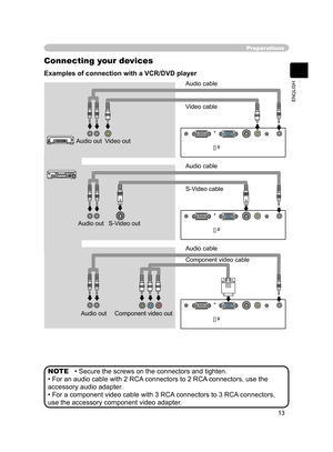 Page 13
13
ENGLISH

Preparations
Examples of connection with a VCR/DVD player
Connecting your devices
 • Secure the screws on the connectors and tighten.
• For an audio cable with 2 RCA connectors to 2 RCA connectors, use the 
accessory audio adapter.
• For a component video cable with 3 RCA connectors to 3 RCA connectors, 
use the accessory component video adapter. NOTE
K
K
K
S-Video out
Video out
Audio out
Audio cable
Audio cable
Audio out
Component video cable
Audio out
Audio cable Video cable
S-Video cable...