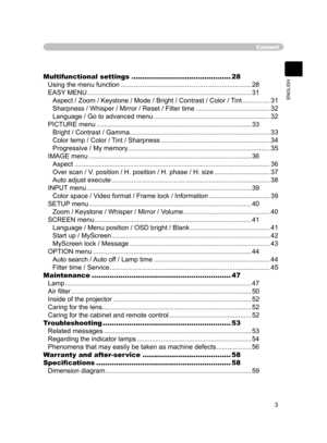 Page 3
3
ENGLISH

Content
Multifunctional settings .............................................28
Using the menu function .......................................................................28
EASY MENU .........................................................................................
31
Aspect / Zoom / Keystone / Mode / Bright / Contrast / Color / Tint ...............
31
Sharpness / Whisper / Mirror / Reset / Filter time ........................................32
Language / Go to advanced menu...