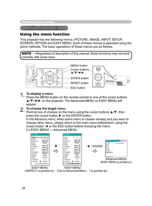 Page 28
28

Multifunctional settings
Multifunctional settings
Using the menu function
This projector has the following menus: PICTURE, IMAGE, INPUT, SETUP, 
SCREEN, OPTION and EASY MENU. Each of these menus is operated using the 
same methods. The basic operations of these menus are as follows.
1.To display a menu
Press the MENU button on the remote control or one of the cursor buttons  
▲/▼/◄/► on the projector. The Advanced MENU or EASY MENU will 
appear.
2.To choose the target menu
Point at one of choices on...