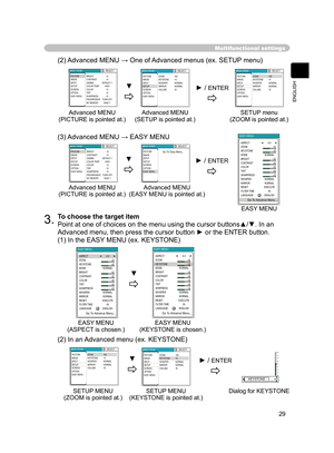 Page 29
29
ENGLISH

Multifunctional settings
(2) Advanced MENU → One of Advanced menus (ex. SETUP menu)
3.To choose the target item
Point at one of choices on the menu using the cursor buttons▲/▼. In an 
Advanced menu, then press the cursor button ► or the ENTER button.
(1) In the EASY MENU (ex. KEYSTONE) (3) Advanced MENU → EASY MENU
(2) In an Advanced menu (ex. KEYSTONE)
Advanced MENU(PICTURE is pointed at.)
MENU [RGB]:SELECTPICTURE
IMAGE
INPUT
SETUP
SCREEN
OPTION
EASY MEN
UBRIGHT
CONTRAS
T
GAMMA
COLOR TEMP...