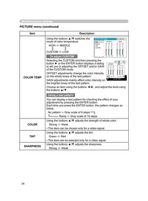 Page 34
34

Multifunctional settings
PICTURE menu (continued)
ItemDescription
COLOR TEMP
Using the buttons ▲/▼ switches the  mode of color temperature.
   HIGH  MIDDLE
                      
CUSTOM  LOW
Selecting the CUSTOM and then pressing the  button ► or the ENTER button displays a dialog  
to aid you in adjusting the OFFSET and/or GAIN  
of the CUSTOM mode.
OFFSET adjustments change the color intensity 
 on the whole tones of the test pattern.
GAIN adjustments mainly affect color intensity on 
 the...