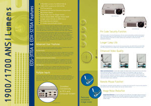 Page 2  1700 ANSI Lumens for EDS3170A & 
1900 ANSI Lumens for EDX3270A
 Full Connectivity
 Horizontal and Vertical Keystone Adjustment
 My Screen Option
 Wide Angle Lens for Bigger Screen
 Normal Mode 39dB, Whisper Mode 34dB
 Longer Lamp Life (Up to 4000 Hours)
 Pin Code Security System
 2 x Audio Input & Audio Output
The EDS3170A and EDX3270A models boast a variety of features which make it
easy to use and deliver highly professional presentations. 
My Screen function
The new My Screen feature allows the user...