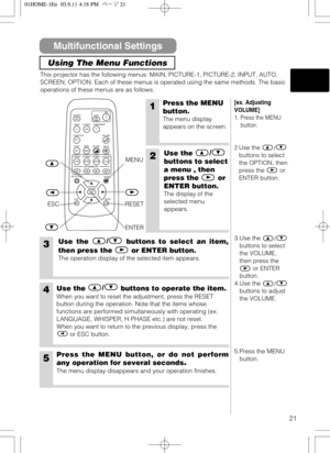 Page 2121
This projector has the following menus: MAIN, PICTURE-1, PICTURE-2, INPUT, AUTO,
SCREEN, OPTION. Each of these menus is operated using the same methods. The basic
operations of these menus are as follows.
1Press the MENU
button.
The menu display
appears on the screen.
2Use the /
buttons to select
a menu , then
press the or
ENTER button.
The display of the
selected menu
appears.
3Use the /
buttons to select an item,
then press the or ENTER button.
The operation display of the selected item appears....