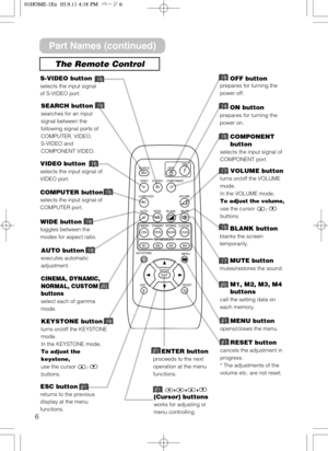 Page 66
The Remote Control
Part Names (continued)
OFF buttonprepares for turning the
power off.
SEARCH button  
searches for an input
signal between the
following signal ports of
COMPUTER, VIDEO, 
S-VIDEO and
COMPONENT VIDEO.
MENU button
opens/closes the menu.
S-VIDEO button
selects the input signal
of S-VIDEO port.
COMPONENT
button
selects the input signal of
COMPONENT port.
VOLUME button
turns on/off the VOLUME
mode.
In the VOLUME mode,
To adjust the volume,
use the cursor 
/ 
buttons.
MUTE button...