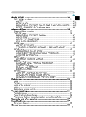 Page 14
3
ENGLISH

Content
(EASY MENU) .........................................................................30
EASY MENU functions ...............................................................................
31
ASPECT  .....................................................................................................31
MODE, BLACK ...........................................................................................32
BRIGHTNESS, CONTRAST, COLOR, TINT, SHARPNESS, MIRROR .....
33
RESET, LANGUAGE,...