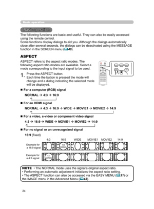 Page 35
24

Basic operation
Basic operation
The following functions are basic and useful. They can also be easily accessed 
using the remote control.
Some functions display dialogs to aid you. Although the dialogs automatically 
close after several seconds, the dialogs can be deactivated using the MESSAGE 
function in the SCREEN menu (49).
1.Press the ASPECT button.
Each time the button is pressed the mode will 
change and a dialog indicating the selected mode 
will be displayed.
ASPECT
ASPECT refers to the...