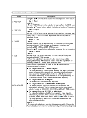 Page 55
44

ItemDescription
V POSITION
Using the ▲/▼ cursor buttons adjusts the vertical position of the picture.
Up  Down
- NOTE -• The V POSITION cannot be adjusted for signals from the HDMI port.
H POSITION
Using the ▲/▼ cursor buttons adjusts the horizontal position of the picture.
Left  Right
- NOTE -• The H POSITION cannot be adjusted for signals from the HDMI port.
H PHASE
Using the ▲/▼ cursor buttons adjusts the horizontal phase to 
eliminate ﬂicker.
Right  Left
- NOTE -• The H PHASE can be adjusted...