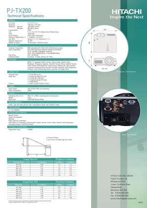 Page 2HITACHI DIGITAL MEDIA
Hitachi Europe LtdWhitebrook ParkLower Cookham RoadMaidenhead
Berkshire SL6 8YA
Tel:  01628 585 000
Fax:  01628 585 500
www.hitachidigitalmedia.comProjector Dimensions
PJTX200
Technical Specifications
OPTICAL
LCD Panel  0.7 PSi TFT x 3
Resolution 1280 dots x 720 lines
Brightness (Normal) 1200 ANSI Lumens
(Whisper) 960 ANSI Lumens
Contrast Ratio 7000:1
Lens  F=1.7~2.4, f=20~31.9, Manual Zoom, Manual Focus
Lamp 150W UHB
Focus Distance 0.8m~13.8m (16:9 screen)
Distance to Width Ratio...