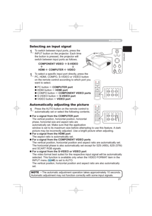 Page 21
(1*/,6+
	



	

		


			
7RVZLWFKEHWZHHQLQSXWSRUWVSUHVVWKH
,1387EXWWRQRQWKHSURMHFWRU(DFKWLPH
WKHEXWWRQLVSUHVVHGWKHSURMHFWRUZLOO
VZLWFKEHWZHHQLQSXWSRUWVDVIROORZV
&20321(179,(2Æ69,(2
ÇÈ
+0,Å&20387(5Å9,(2
3URMHFWLRQ
6HOHFWLQJDQLQSXWVLJQDO
7RVHOHFWDVSHFL