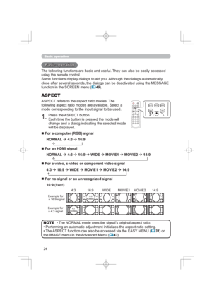 Page 24
%DVLFRSHUDWLRQ
%DVLFRSHUDWLRQ
7KHIROORZLQJIXQFWLRQVDUHEDVLFDQGXVHIXO7KH\FDQDOVREHHDVLO\DFFHVVHG
XVLQJWKHUHPRWHFRQWURO
6RPHIXQFWLRQVGLVSOD\GLDORJVWRDLG\RX$OWKRXJKWKHGLDORJVDXWRPDWLFDOO\
QJWKH0(66$*(
IXQFWLRQLQWKH6&5((1PHQX
	
3UHVVWKH$63(&7EXWWRQ
(DFKWLPHWKHEXWWRQLVSUHVVHGWKHPRGHZLOO
FKDQJHDQGDGLDORJLQGLFDWLQJWKHVHOHFWHGPRGH
ZLOOEHGLVSOD\HG
$63(&7
$63(&7UHIHUVWRWKHDVSHFWUDWLRPRGHV7KH...