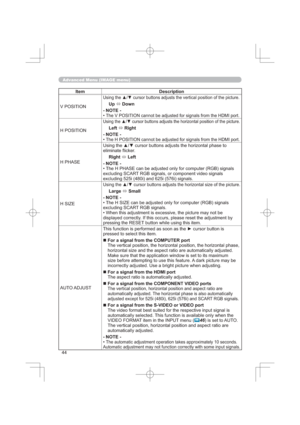 Page 44
,WHP HVFULSWLRQ
9326,7,21
KHSLFWXUH
8S
ÙRZQ
127(
‡
W
+326,7,21
WKHSLFWXUH
/HIW
Ù5LJKW
127(
‡
W
+3+$6(
HOLPLQDWH