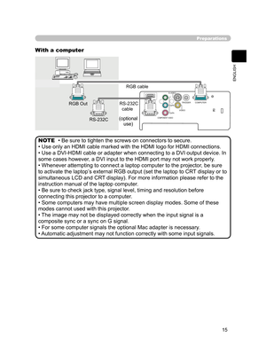 Page 25
15
ENGLISH

Y
CB/PB
CR/PRCOMPONENT VIDEO
S-VIDEO
VIDEO
COMPUTER
CONTROLHDMITRIGGERRGB Out
RGB cable
RS-232C
RS-232C
  cable

Preparations
With a computer
• Be sure to tighten the screws on connectors to secure.
• Use only an HDMI cable marked with the HDMI logo for HDMI connections.
• Use a DVI-HDMI cable or adapter when connecting to a DVI output device. In 
some cases however, a DVI input to the HDMI port may not work properly.
• Whenever attempting to connect a laptop computer to the projector , be...