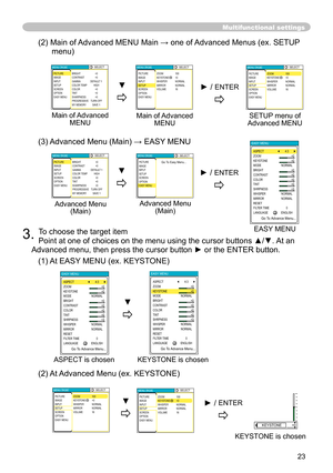 Page 23
23

(2) Main of Advanced MENU Main → one of Advanced Menus (ex. SETUP 
menu)
(3) Advanced Menu (Main) → EASY MENU
3. To choose the target item 
Point at one of choices on the menu using the cursor buttons ▲/▼.  At an 
Advanced menu, then press the cursor button ► or the ENTER button.
(1) At EASY MENU (ex. KEYSTONE)
(2) At Advanced Menu (ex. KEYSTONE)
Multifunctional settings
Main of Advanced MENU
MENU [RGB]:SELECTPICTURE
IMAGE
INPUT
SETUP
SCREEN
OPTION
EASY MEN
U BRIGHT
CONTRAS
T
GAMMA
COLOR TEMP
COLOR...