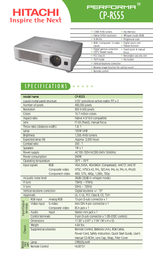 Page 1Performa
CPRS55
Model name   CPRS55Liquid crystal panel structure   0.55” polysilicon activematrix TFT x 3
Number of pixels 480,000 pixels 
Resolution  800 X 600 pixels
Colors 16.7 million colors
Aspect ratio Native 4:3/16:9 compatible
Lens  F1.65 (fixed), manual focus
Throw ratio (distance:width) 1.8: 1 
Lamp 165W UHB 
Brightness  1,500 ANSI lumens 
Expected lamp life Approx. 2,000 hours Contrast ratio 300 : 1
Speakers 1W x 1
Power supply  AC100120V/AC220240V 50/60Hz 
Power consumption 240W
Operating...