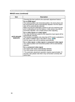 Page 40
38

Multifunctional settings
IMAGE menu (continued)
ItemDescription
AUTO ADJUST 
EXECUTE
Choosing this item performs the automatic adjustment feature.
For an RGB signalThe vertical position, the horizontal position, the clock phase and 
the horizontal size will be automatically adjusted. And the aspect 
ratio will be automatically selected.  Make sure that the application window is set to its maximum size 
prior to attempting to use this feature. A dark picture may still be 
incorrectly adjusted. Use a...