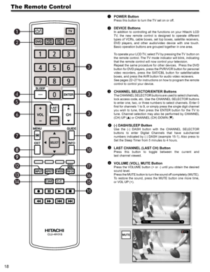 Page 1818
The Remote Control
POWER Button
Press this button to turn the TV set on or off.
DEVICE Buttons
In  addition  to  controlling  all  the  functions  on  your  Hitachi  LCD 
TV,  the  new  remote  control  is  designed  to  operate  different 
types of VCRs, cable boxes, set top boxes, satellite receivers, 
DVD  players,  and  other  audio/video  device  with  one  touch. 
Basic operation buttons are grouped together in one area.
To operate your LCD TV, select TV by pressing the TV  button on 
the remote...