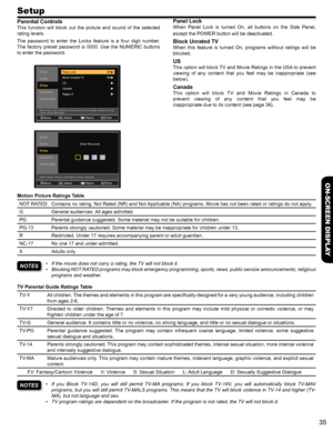 Page 3535
ON-SCREEN DISPLAY
Setup
Motion Picture Ratings Table
NOT RATED Contains no rating. Not Rated (NR) and Not Applicable (NA) programs. Movie has not been rated or ratings do not a\
pply.
GGeneral audiences. All ages admitted.
PGParental guidance suggested. Some material may not be suitable for child\
ren.
PG-13Parents strongly cautioned. Some material may be inappropriate for child\
ren under 13.
RRestricted. Under 17 requires accompanying parent or adult guardian.
NC-17No one 17 and under admitted....