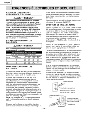 Page 28
–  28  – 
Français

EXIGENCES CONCERNANT L’
ALIMENTATION ÉLECTRIQUE
Pour éviter les risques électriques, les risques d
’incendie et l’endommagement de la scie à table, 
utiliser une bonne protection des circuits. Toujours 
utiliser un circuit électrique distinct pour les 
outils. Cet outil électrique a été câblé à l’usine 
pour fonctionner sur courant de 120 V. Il doit être 
branché sur un circuit de 120 V et de 15 A avec 
fusible à fusion temporisée ou disjoncteur de 15 A. 
Pour éviter les risques...