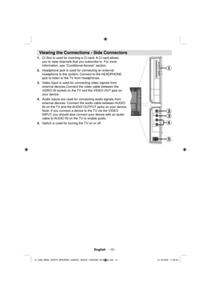 Page 12 English   - 10 -
 
 
 
Viewing the Connections - Side Connectors 
 
CI Slot is used for inserting a CI card. A CI card allows  1. 
you to view channels that you subscribe to. For more 
information, see 
“Conditional Access” section.  
 
  2. Headphone jack is used for connecting an external 
headphone to the system. Connect to the HEADPHONE 
jack to listen to the TV from headphones.  
Video Input is used for connecting video signals  3. 
from 
external devices.Connect the video cable between the 
VIDEO...