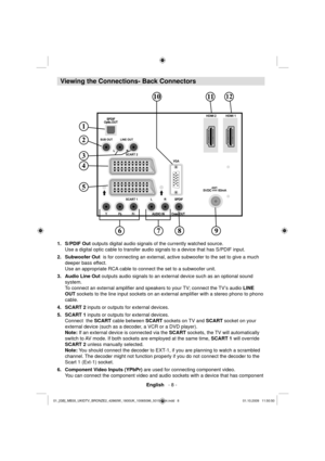 Page 10 English   - 8 -
 
 
Viewing the Connections- Back Connectors 
 
12
 
    1. S/PDIF Out 
 outputs digital audio signals of the currently watched source. 
Use 
a digital optic cable to transfer audio signals to a device that has S/PDIF input.  
  2. Subwoofer Out 
  is for connecting an external, active subwoofer to the set to give a much 
deeper bass effect. 
Use an appropriate RCA cable to connect the set to a subwoofer unit.  
  Audio Line Out  3.  outputs audio signals to an external device such as an...