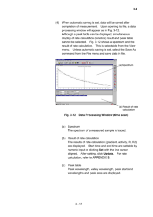 Page 1013 - 17 
(4)  When automatic saving is set, data will be saved after 
completion of measurement.    Upon opening its file, a data 
processing window will appear as in Fig. 3-12.     
Although a peak table can be displayed, simultaneous 
display of rate calculation (kinetics) result and peak table 
cannot be selected.    Fig. 3-12 shows a spectrum and the 
result of rate calculation.    This is selectable from the View 
menu.    Unless automatic saving is set, select the Save As 
command from the File menu...