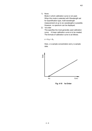 Page 1144 - 9 
1) None  
Mode in which calibration curve is not used.   
When this mode is selected with Wavelength set 
for Quantification type, multi-wavelength 
measurement at up to six wavelengths is possible.   
However, no spectrum can be displayed.   
2) 1st order  
This specifies the most generally used calibration 
curve.    A linear calibration curve is to be created.   
The formula of calibration curve is as follows.   
 
x = A
1y + A0  
 
Here, x is sample concentration and y is sample 
data....