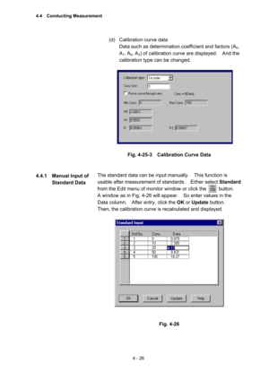 Page 1314 - 26 
(d)  Calibration curve data   
Data such as determination coefficient and factors (A
0, 
A
1, A2, A3) of calibration curve are displayed.    And the 
calibration type can be changed.   
 
 
 
Fig. 4-25-3    Calibration Curve Data 
 
 
The standard data can be input manually.    This function is 
usable after measurement of standards.    Either select Standard 
from the Edit menu of monitor window or click the          button.   
A window as in Fig. 4-26 will appear.    So enter values in the...