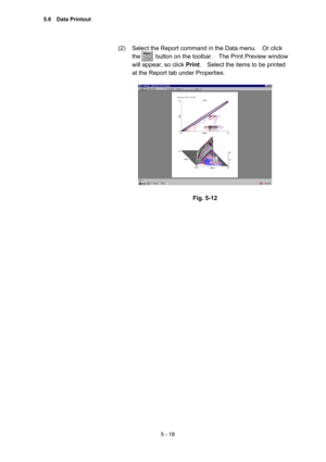Page 1565 - 18 
(2)  Select the Report command in the Data menu.    Or click 
the     button on the toolbar.  The Print Preview window 
will appear, so click Print.    Select the items to be printed 
at the Report tab under Properties.   
 
 
 
Fig. 5-12 
5.6  Data Printout  