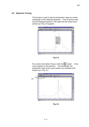 Page 1596 - 3 
6.2  Spectrum Tracing  
 
This function is used to read the photometric value at a certain 
wavelength on the measured spectrum.    First, bring the cursor 
onto the displayed spectrum, then right-click the mouse and a 
window as in Fig. 6-2 appears.   
 
 
 
Fig. 6-2 
 
 
Put a check mark before Trace or click the          button.    A line 
cursor appears on the spectrum.    The wavelength and 
photometric value at the cursor position are indicated at the 
location (a) in Fig. 6-3....