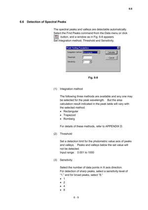 Page 1656 - 9 
6.6    Detection of Spectral Peaks   
 
The spectral peaks and valleys are detectable automatically.   
Select the Find Peaks command from the Data menu or click   
          button, and a window as in Fig. 6-8 appears.     
Set Integration method, Threshold and Sensitivity.   
 
 
 
Fig. 6-8 
 
 
(1) Integration method  
 
The following three methods are available and any one may 
be selected for the peak wavelength.    But the area 
calculation result indicated in the peak table will vary with...