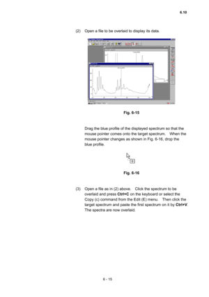 Page 1716 - 15 
(2)  Open a file to be overlaid to display its data.   
 
 
 
Fig. 6-15 
 
 
Drag the blue profile of the displayed spectrum so that the 
mouse pointer comes onto the target spectrum.    When the 
mouse pointer changes as shown in Fig. 6-16, drop the 
blue profile.   
 
 
 
Fig. 6-16 
 
 
(3)  Open a file as in (2) above.    Click the spectrum to be 
overlaid and press Ctrl+C on the keyboard or select the 
Copy (c) command from the Edit (E) menu.    Then click the 
target spectrum and paste the...