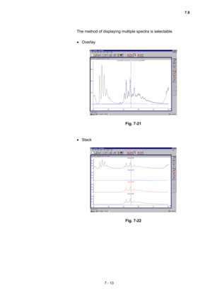 Page 2037 - 13 
The method of displaying multiple spectra is selectable.   
 
 Overlay 
 
 
 
Fig. 7-21 
 
 
 Stack 
 
 
 
Fig. 7-22 
 
 
7.8  